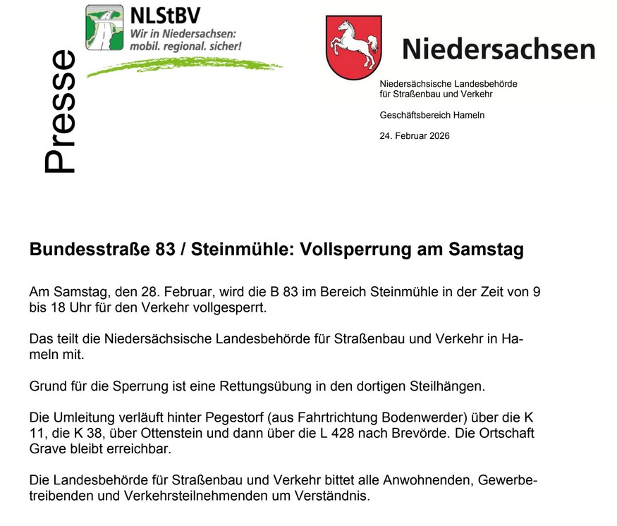 Mitteilung der Niedersächsischen Landesbehörde für Straßenbau und Verkehr